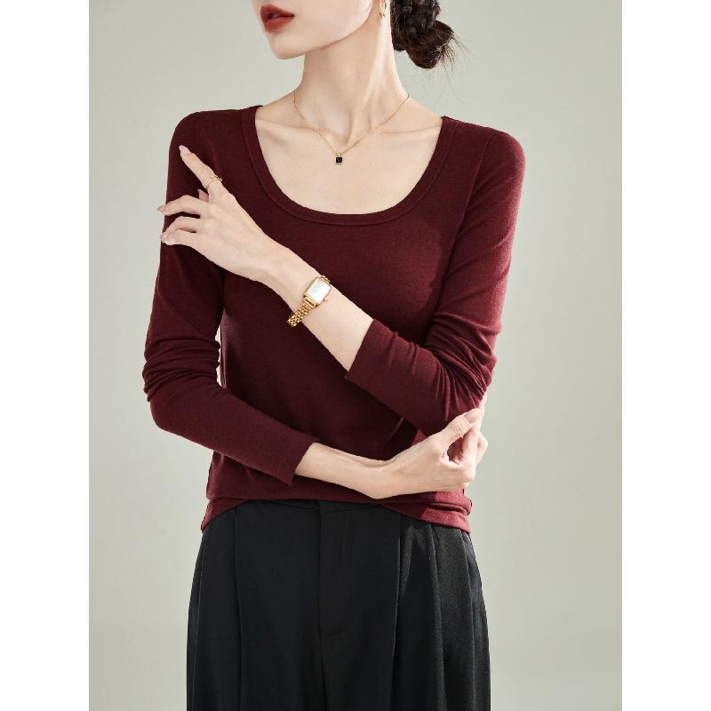 DeRong Spring and Autumn Base Shirt 2026 New Model U-Neck Slim Fit Long Sleeve T-Shirt Commuting Inner Layer Top for Women