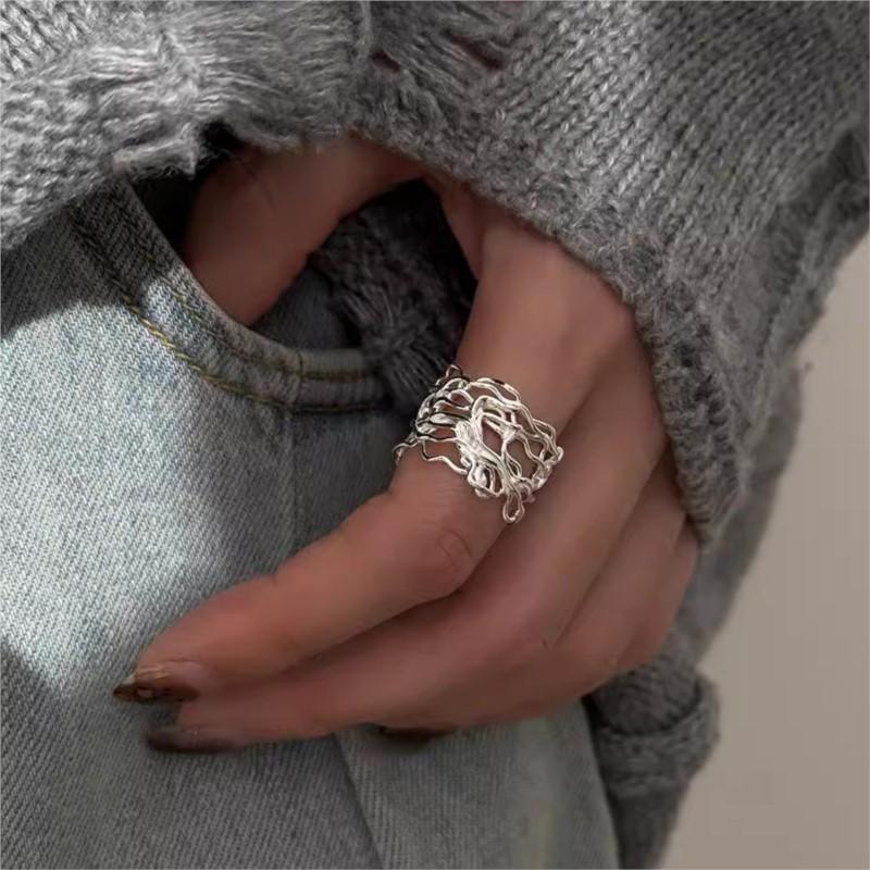 925 SilverHollow Out Line Ring For Women Irregular Mesh Punk Geometric Jewelry Gift