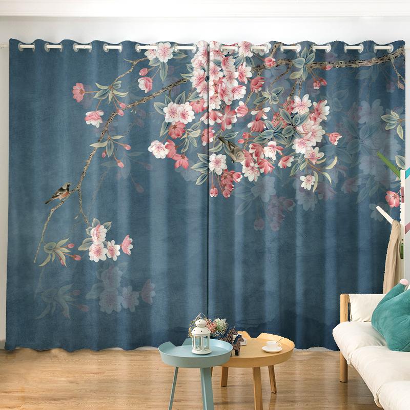 2PCS New Chinese Flower and Bird Print Semi-blackout Curtain Custom Hook Grommet Top Model Living Room Bedroom Window Curtain