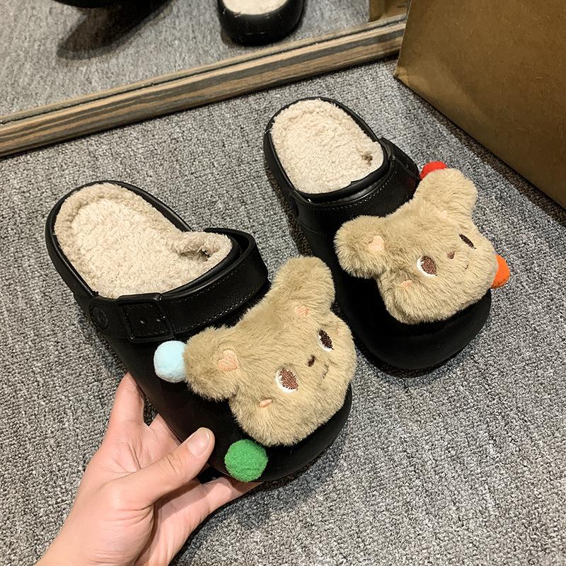 Cute bear cartoon cotton slippers women wear winter thick bottom warm indoor home removable wool cotton slippers