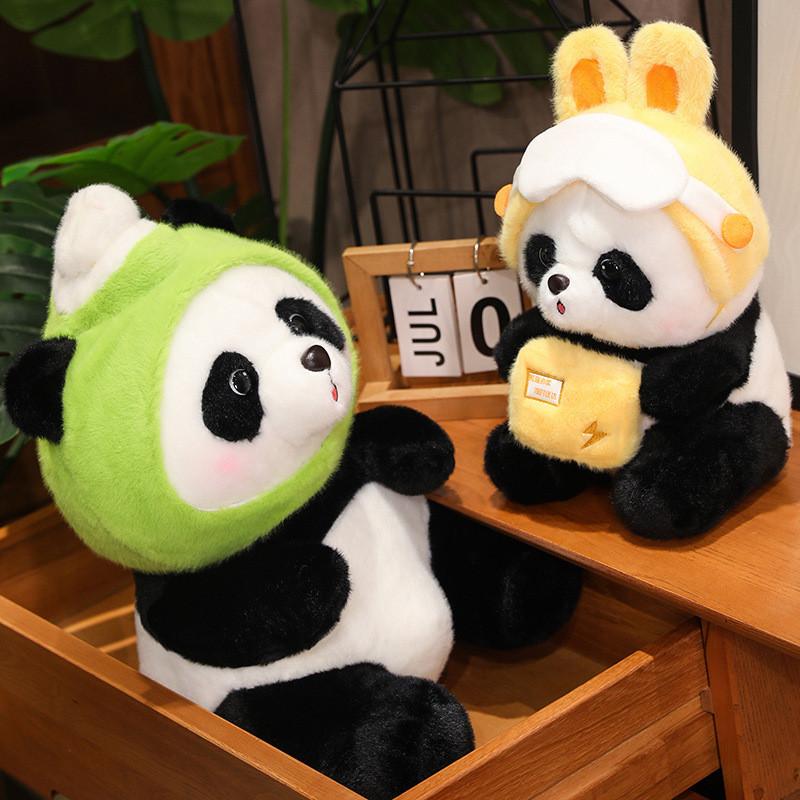 Entzückendes Panda-Plüschtier mit Eis und Hamburger-Lieferoutfit Perfekt für Kindergeburtstagsgeschenke