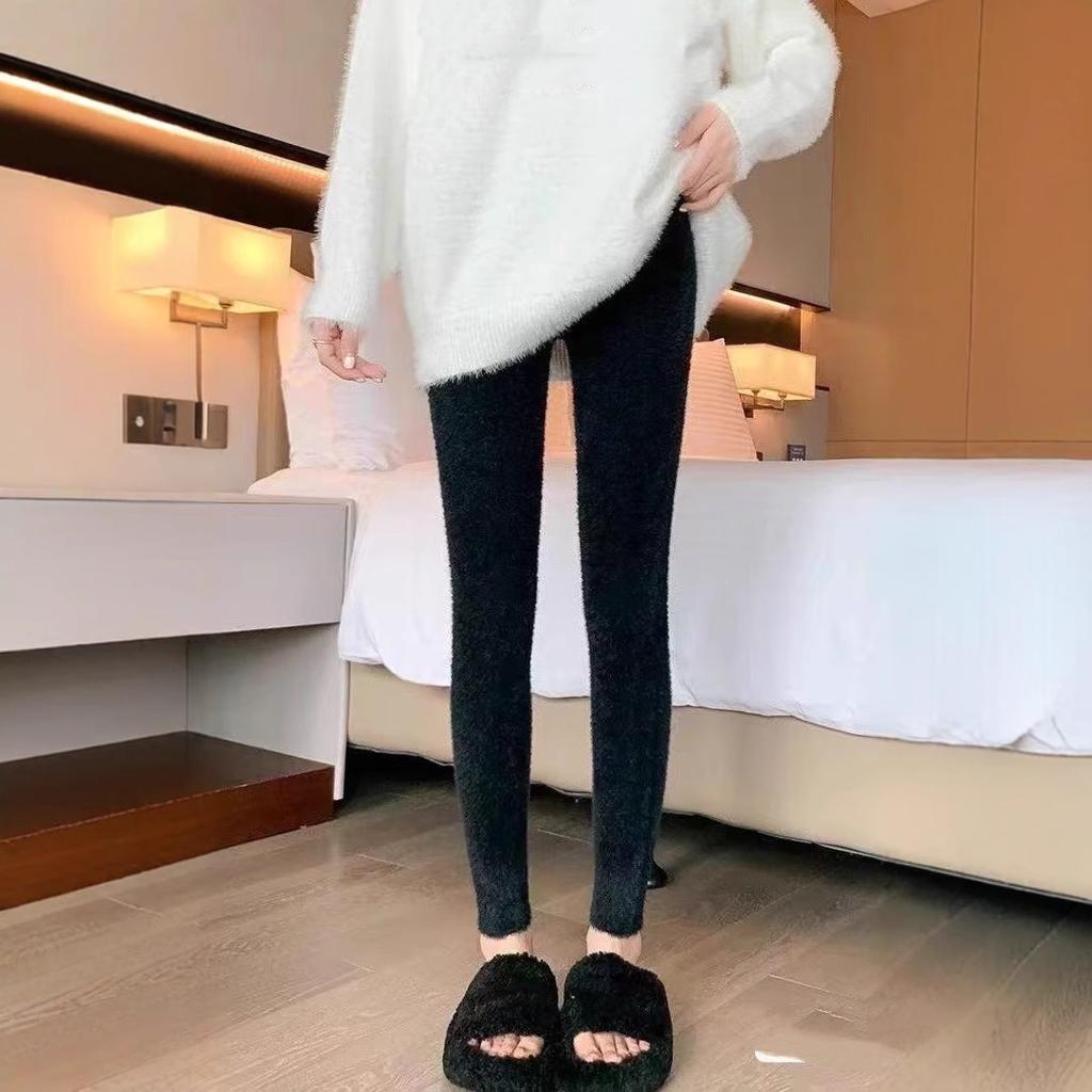 Rosa Nerz Samt Hose Damen Hohe Taille Elastizität Plüsch Freizeit Thermische Leggings Eng Gestrickt Gerade Tragen Außen Hose