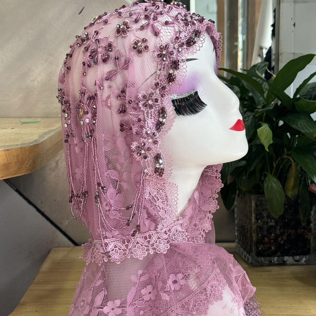 New Premium Embroidered Shawl with Hand Beading - Lace Trim Muslim Women Prayer Cover & Elegant Shoulder Wrap