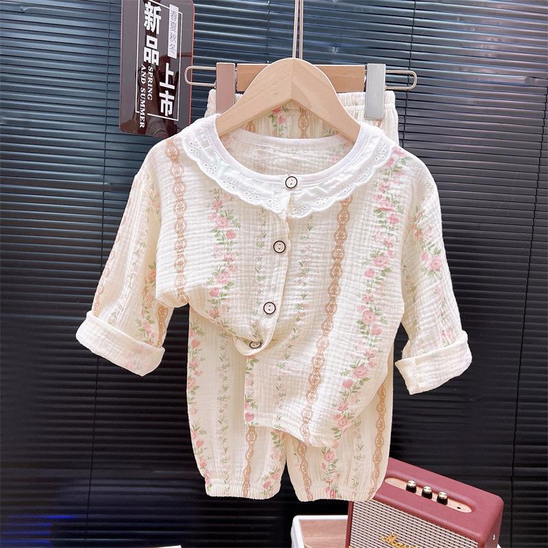 Children's Thin Set Boys' Pajamas Summer Two-piece Set Girls' Baby Lace and Lace Air Conditioning Home Suit Set