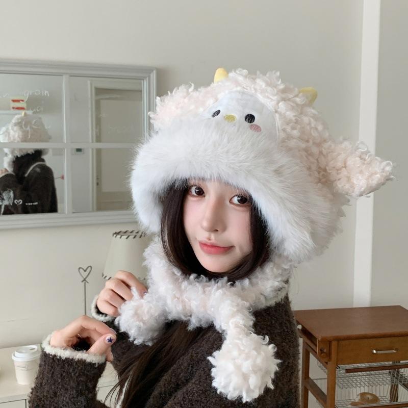 Cute Little Sheep Plush Hat Women'S Autumn And Winter Cold And Warm Thickened Ear Protection Lei Feng Hat Sweet Cycling Antifreeze