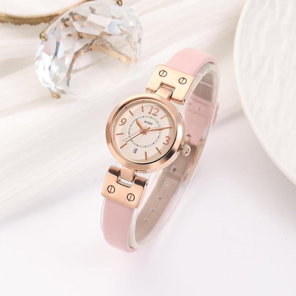 BUREI Women's Analog Quartz Watch Pink Leather Strap Waterproof Lightweight Simple Design