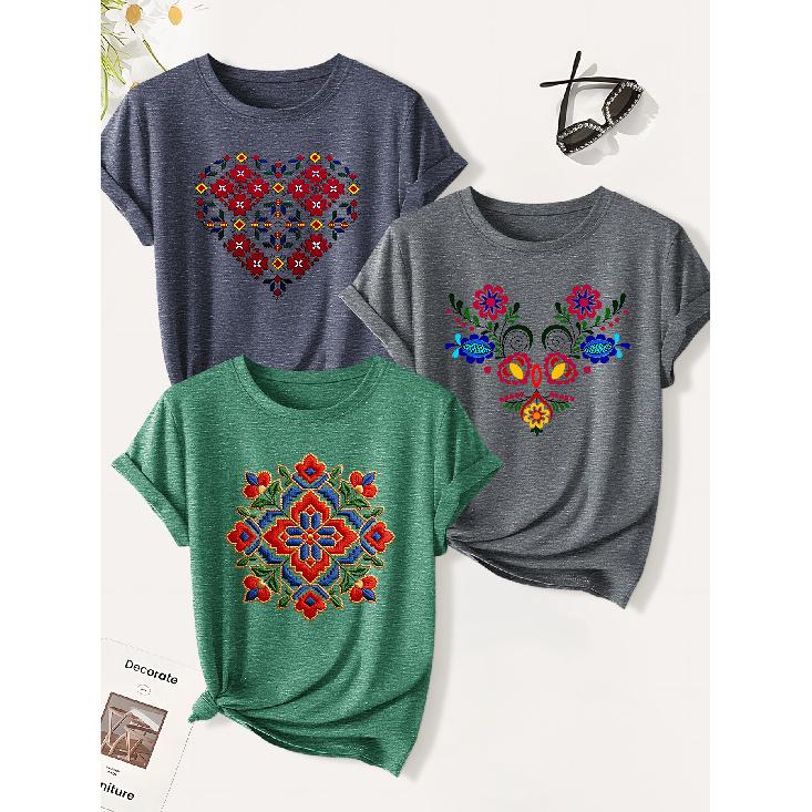 3 Pack of women s summer tops | Heart-shaped floral ethnic print T Shirt | Cute and trendy casual round-neck short-sleeve suit | 2026 Summer vintage S
