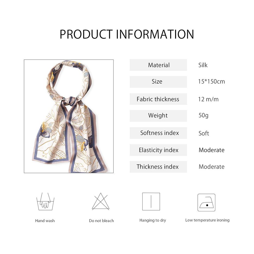 LumiSyne Skinny Silk Scarf with Floral and Pictorial Lightweight Satin Hair Bag Neck Silk Scarf for Commuting Women's Prints, Scarf, Accessory,