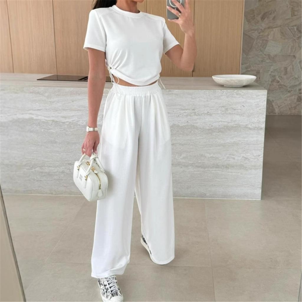 Lato Nowa Moda Casual Jednolity Kolor Garnitur T-shirt Szerokie Nogawki Spodnie Zestaw Dwuczęściowy Dla Kobiet