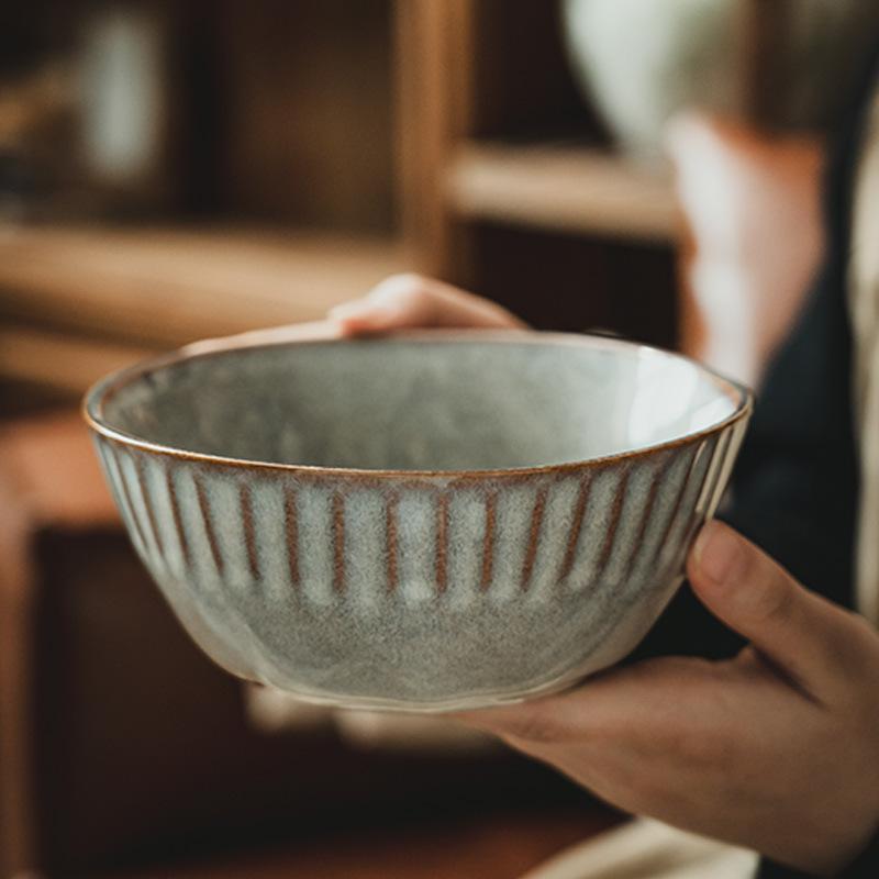 Retro Ofen Salatschüssel Relief Vertikales Muster Keramikschüssel Schüssel Haushalt Rund Gemüseschüssel Nudelschüssel Geschirr Obstschüssel