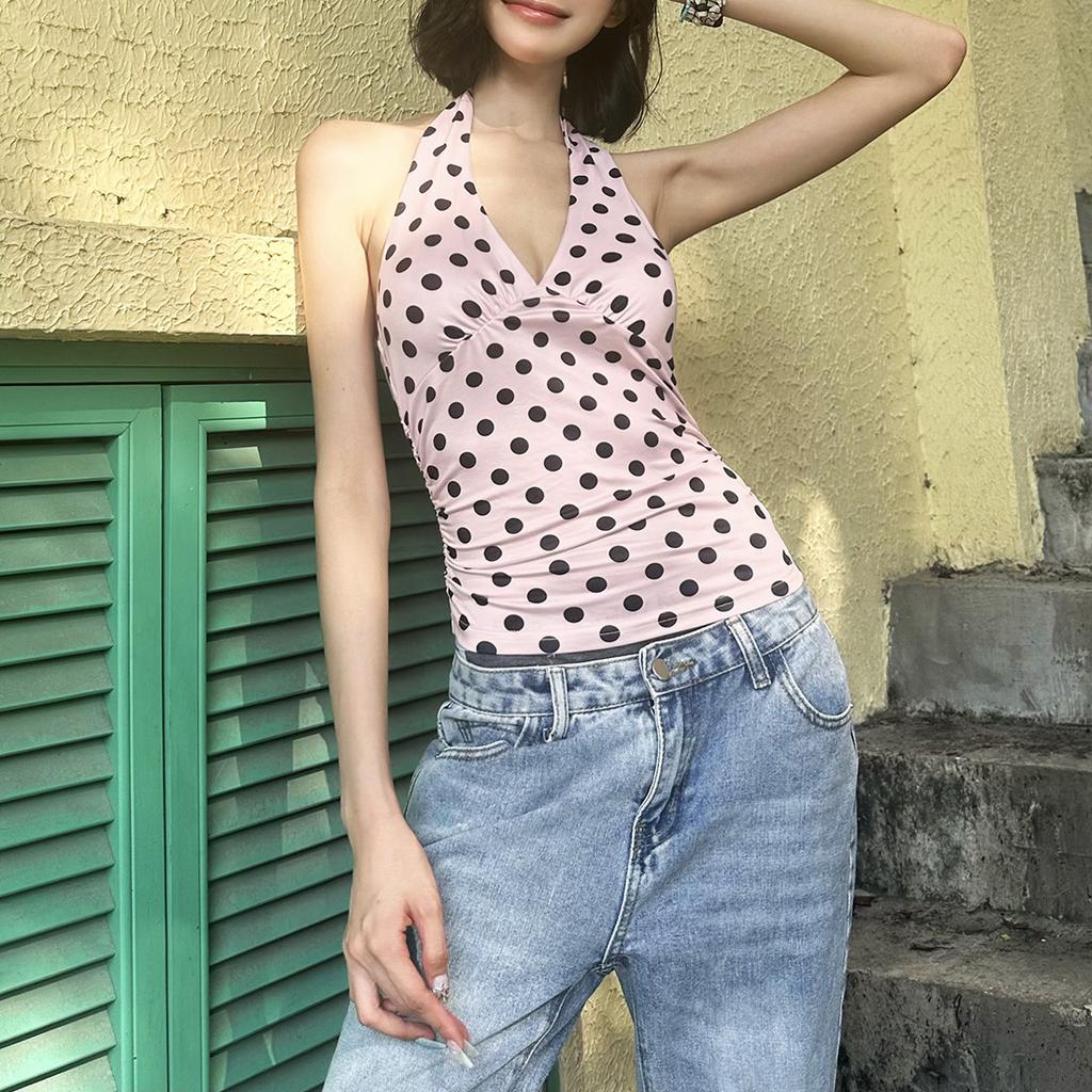 Women's Polka Dot Halter Crop Top V-Neck Ruched Sleeveless Blouse