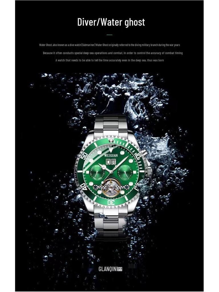 Green Ghost Automatic Tourbillon Men's Watch with Multifunctional Calendar, Luminous Features, and Waterproof Design.