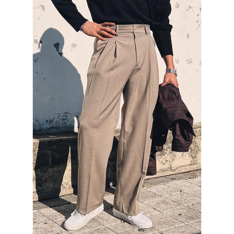Men High Waist Double Pleated Loose Straight Non Iron Casual Suit Trousers