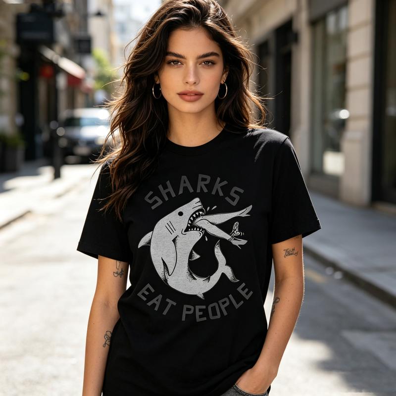 T-shirt Grafica Squali Mangiano Persone Cool Stampa Squalo Cartone Animato Maglietta Unisex Unisex Morbido Cotone Girocollo Manica Corta Streetwear alla Moda