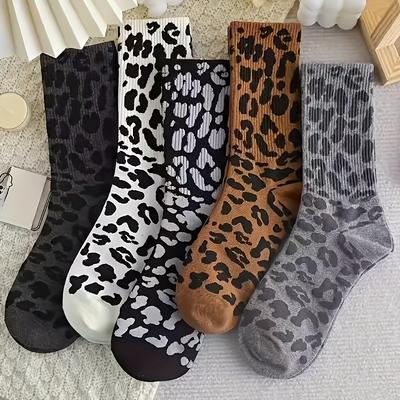 5 Pairs Multi-Color Options Women's Leopard Print Short Socks - Stretchy Polyester Blend High-Waisted Design Machine Washable for Casual & Formal Wear