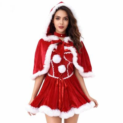 Vestido de Natal de Veludo Dourado Papai Noel Chapéu de Papai Noel Fantasia de Natal Traje de Natal com Capuz Fantasia para Apresentação de Natal Vestido de Festa Elegante