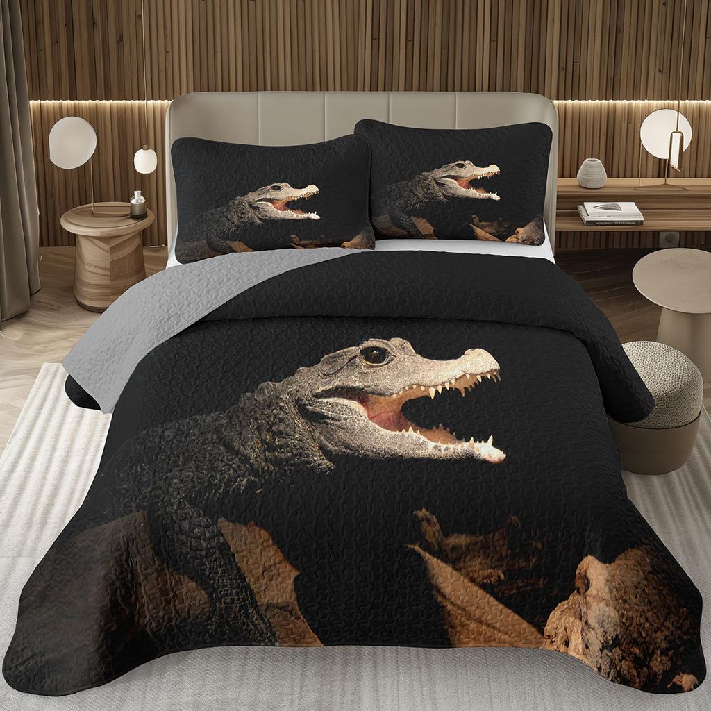 Teens Krokodil Tagesdecke Alligator Muster Tagesdecke Set Full Queen Größe Wildtier Gestepptes Bettwäscheset für Kinder Jungen Mädchen