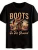 Men's Western Cowboy Boots Graphic TShirt Black with Orange Boots On The Ground Text Lightweight Shi