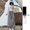 Women's Blue Ice Silk Plaid High-Waisted Wide-Leg Pants - Spring/Summer 2026 Collection