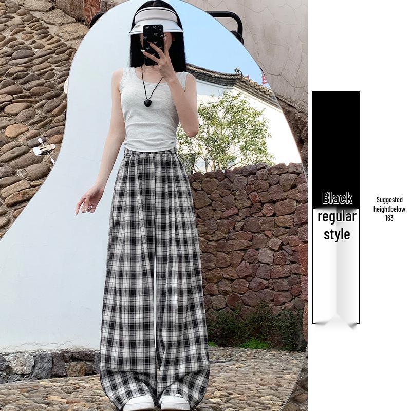 Women s Blue Ice Silk Plaid High-Waisted Wide-Leg Pants - Spring/Summer 2026 Collection L
