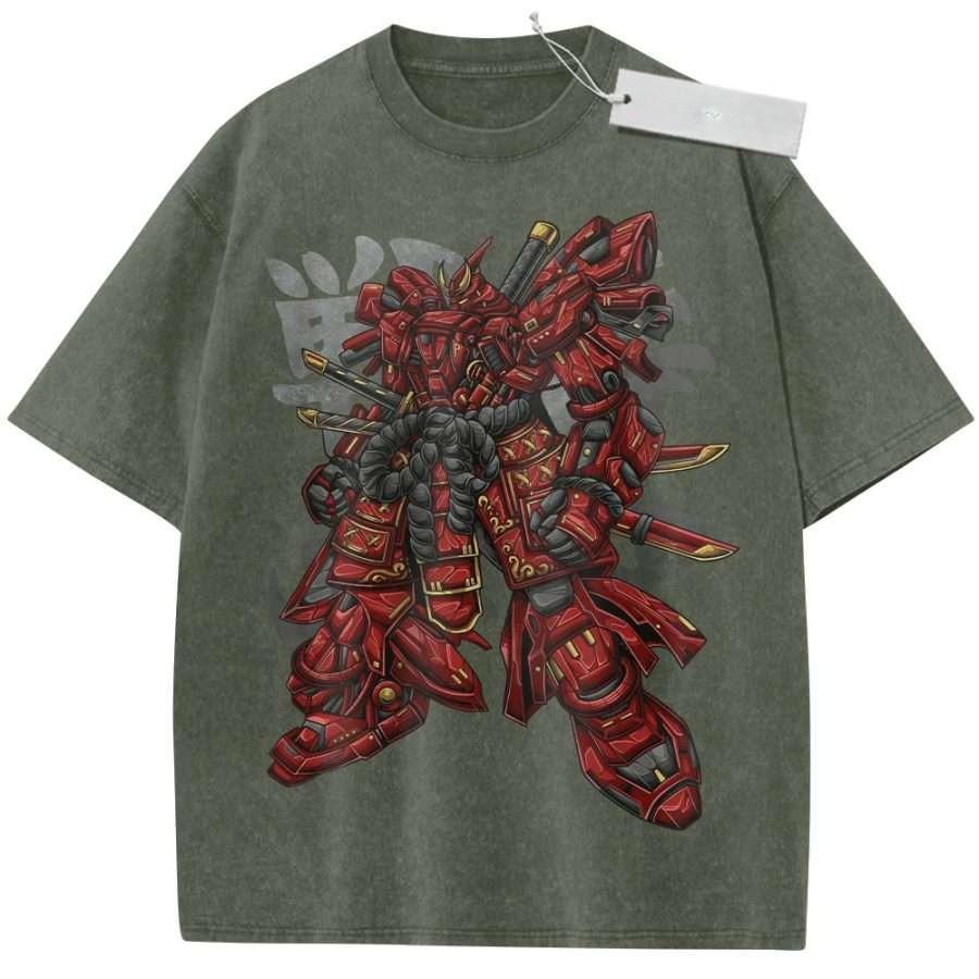 Summer Mens Black Washed T  Shirt Mobile Suit Gundam Red Samurai Mecha Gold Sword High  Quality Fabric for Casual