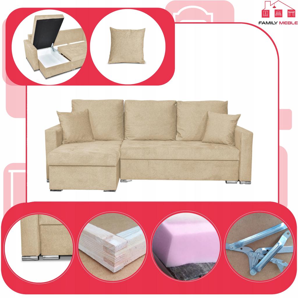 Bella Corner Sofa Bed with Sleeping Function, Corner Sofa, Family Furniture, Beige Velvet