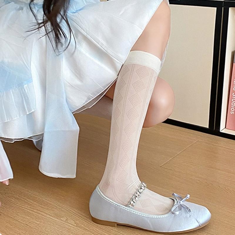 Summer Thin Silk Solid Over the Calf Socks for Womens Japanese Style JK Diamond Striped Pattern Student Long Stockings