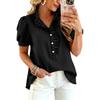 Women Ruffle V Neck Blouse Short Sleeve Casual Loose Fit Solid Top with Button Front and Puff Sleeves for Daily Wear
