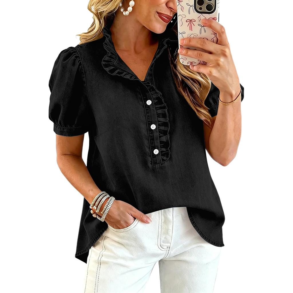 Women Ruffle V Neck Blouse Short Sleeve Casual Loose Fit Solid Top with Button Front and Puff Sleeves for Daily Wear