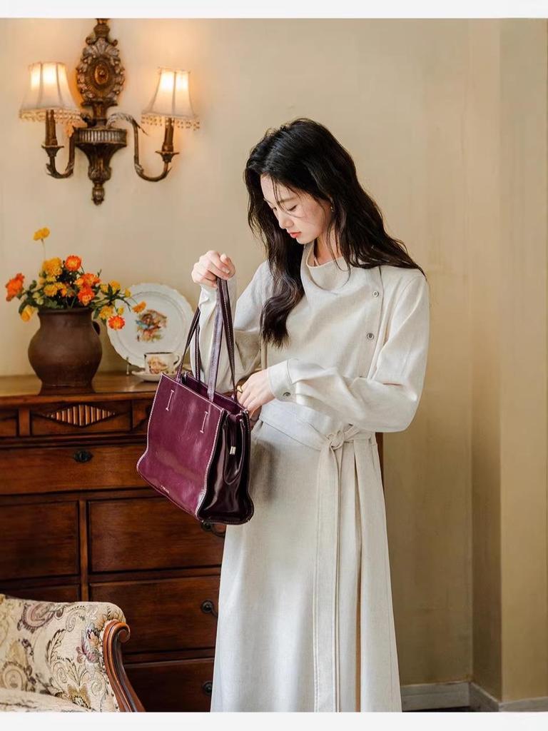 Women's French Stand Collar Belted Long Dress - Early Spring 2026, Elegant and Stylish with a High-End Waist-Cinched Design.