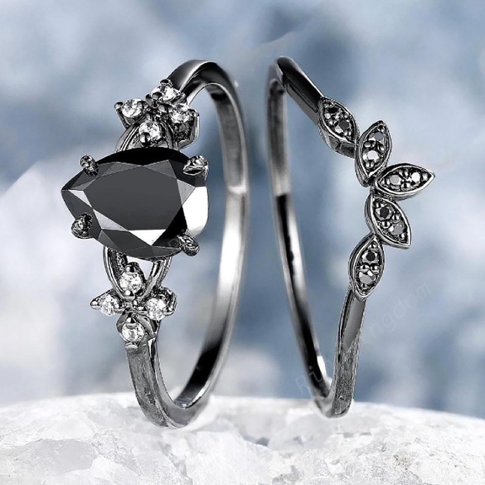 2Pcs/Set Gothic Droplet Shaped Black Zircon Stone Ring Inlaid with Water Vintage Dark Metal Stackable Engagement Wedding Bands