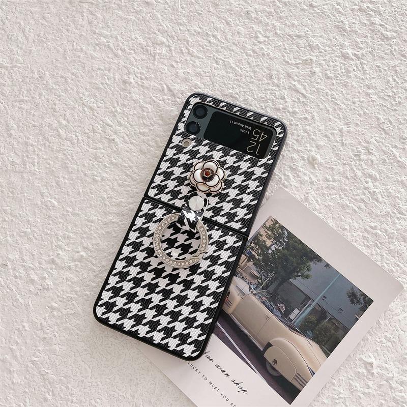 Stylish Luxury Cute 3d Camellia Houndstooth Pu Leather Phone Case For Samsung Galaxy Zflip4 Z Flip 3 5g With Portable Ring Cover