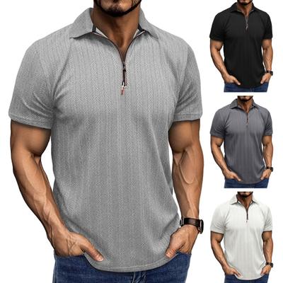 Men Summer Shirt Thin Short Sleeve Zippered Lapel Top Jacquard Pullover Loose Shirt for Commuting Travel Outdoor