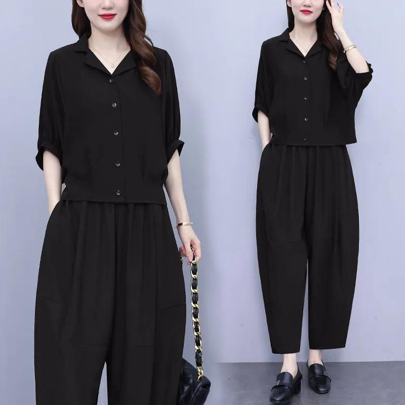 

Летний повседневный комплект большого размера свободного кроя, модный V-образный вырез, стройнящий, большой размер, простой топ, трендовые брюки гаремного типа, женский ансамбль большого размера M чёрный