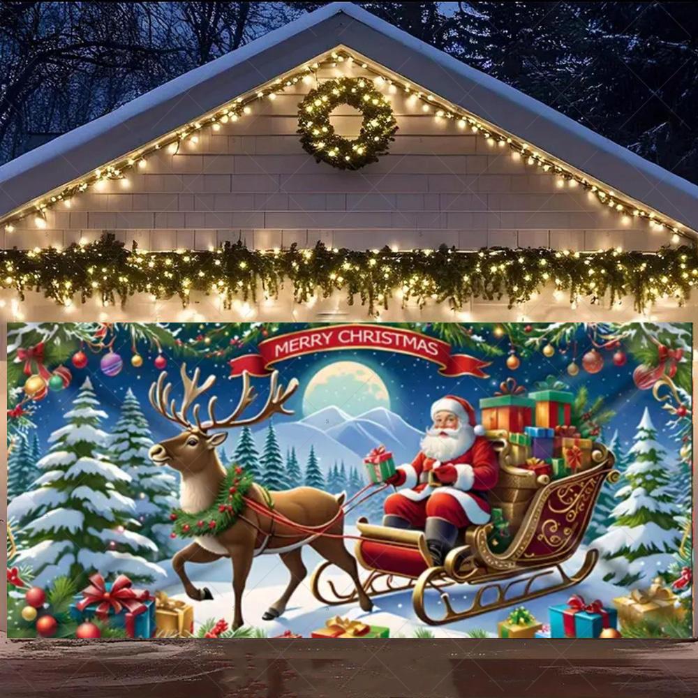 Merry Christmas Garage Door Background Banner Xmas Tree Gift Santa Claus Backdrop Winter Christmas Party Outdoor Wall Decoration