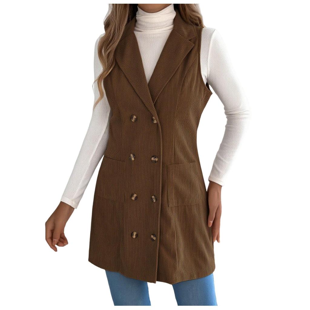 Women's Fashionable Solid Color Sleeveless Button Pocket Vest Jacket