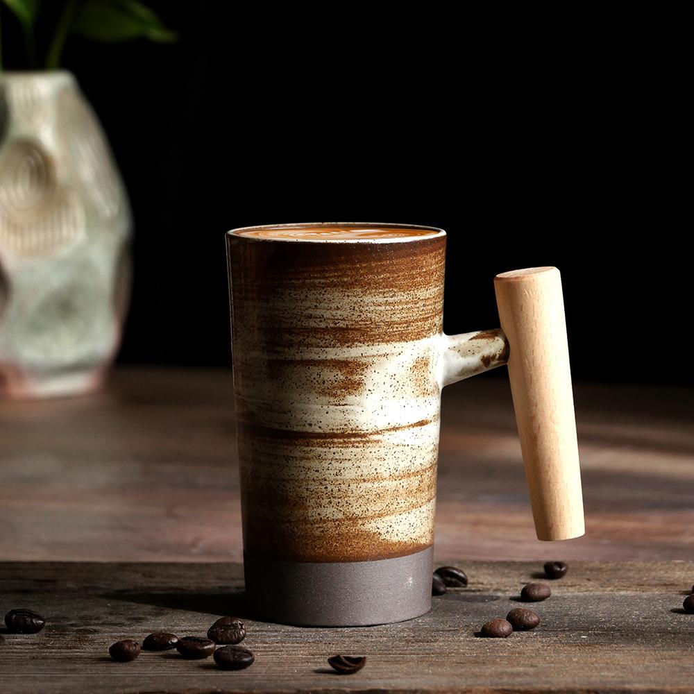 Ceramic Mug Wooden Handle Coffee Cup Vintage Kiln Variation Pottery Large Capacity Tea Water Cup for Home Office Kitchen