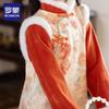 Luomeng Girls' New Chinese Style Faux Two-Piece Plush Lined Cheongsam Dress