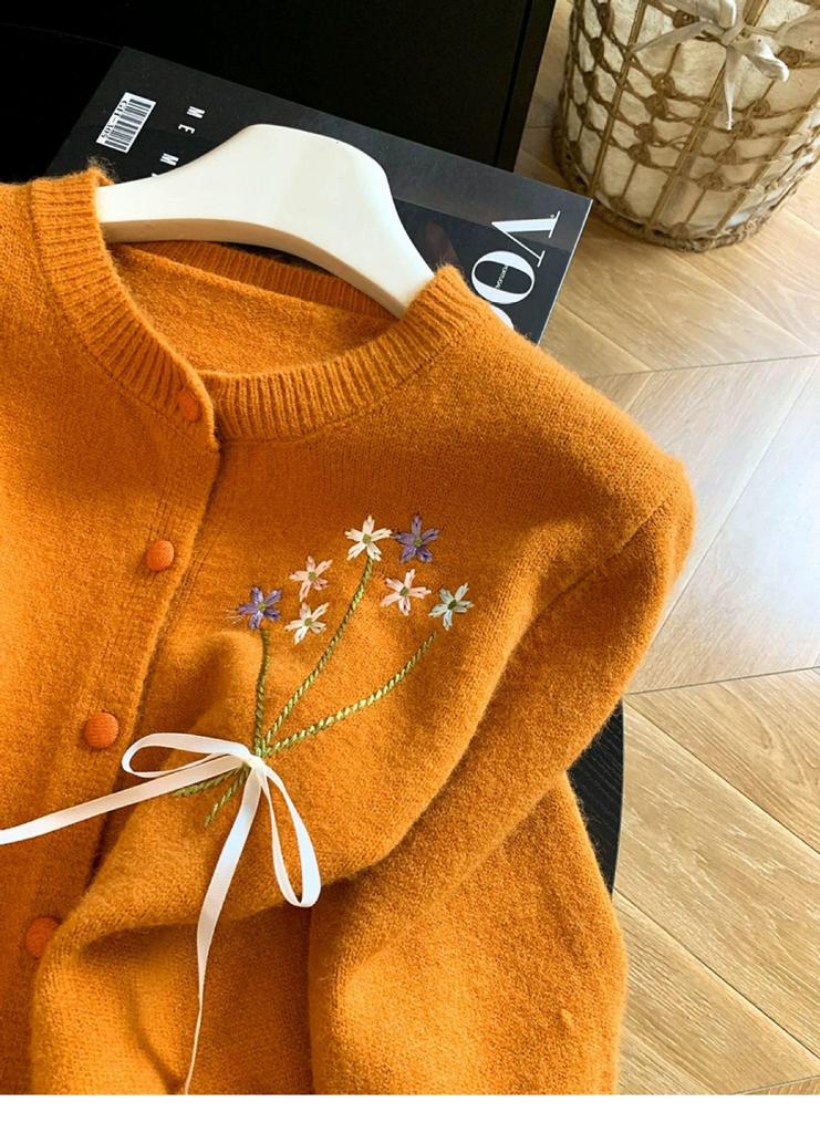 Women's Blue Floral Knit Cardigan - Round Neck, Bow Tie, Lace-Up Details, Elegant Early Autumn Style