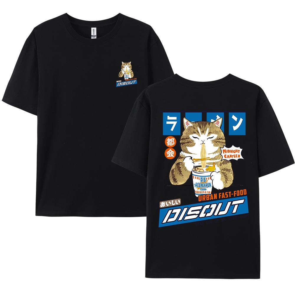 Harajuku Cat Cartoon Eating Noodles Graphic Men Women Tshirts Short Sleeve Tees Japan Style Oversized T Shirt