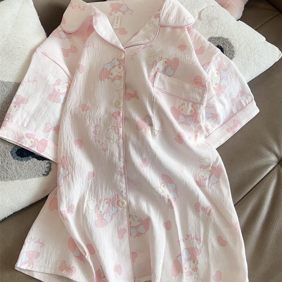 Pink Bow Melody Girls Pajamas Summer Short Sleeves Shorts Cardigan Set Students Can Wear Loungewear