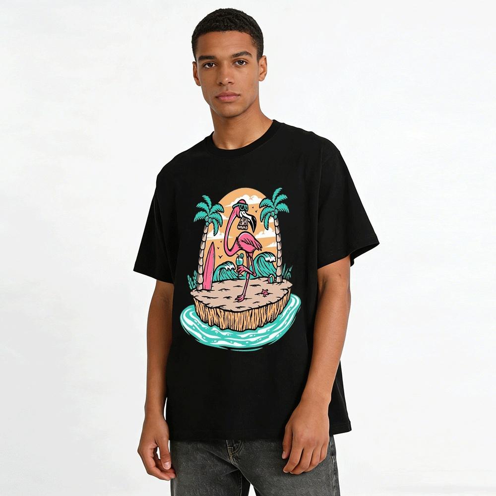Flamingo Beach Print Casual Vacation Short Sleeve Top Pure Cotton T-shirt