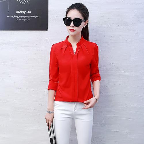 Long Sleeve Shirt Women Spring Autumn Clothing Fashion Slim Blouse V Neck Korean Elegant Ladies Office Shirts White Red