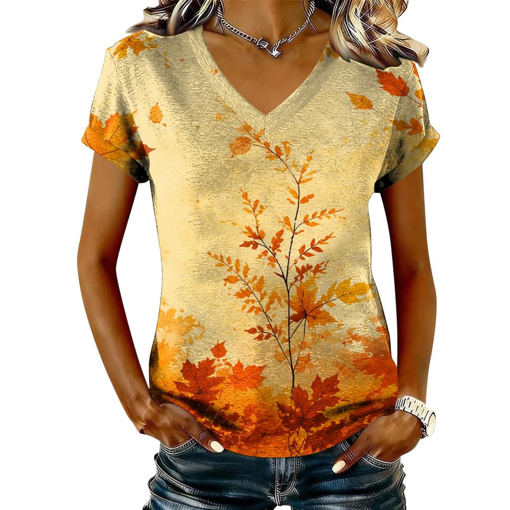 Women's V-Neck Short Sleeve Top with Maple Leaf Print for Casual Everyday Wear