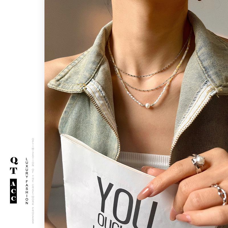

Korean Freshwater Pearl & Natural Stone Layered Pendant Necklace for Women
