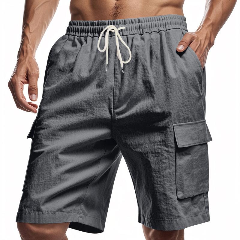

Men s Cargo Shorts Summer Linen Casual Multi-Pocket Sport Short Pants Men Fashion Elastic Waist Breathable Beach Shorts 3XL сірий