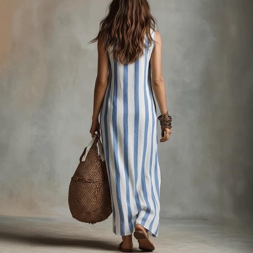  European and American Independent Station Bohemian Fashion Blue and White Striped Sleeveless Dress