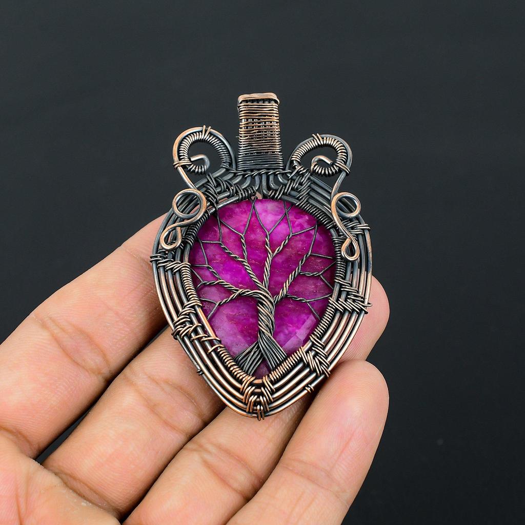 Baum des Lebens, roter Rubin, Edelstein, reiner Kupferdraht, umwickelt, handgefertigter Anhänger, Schmuck als Geschenk