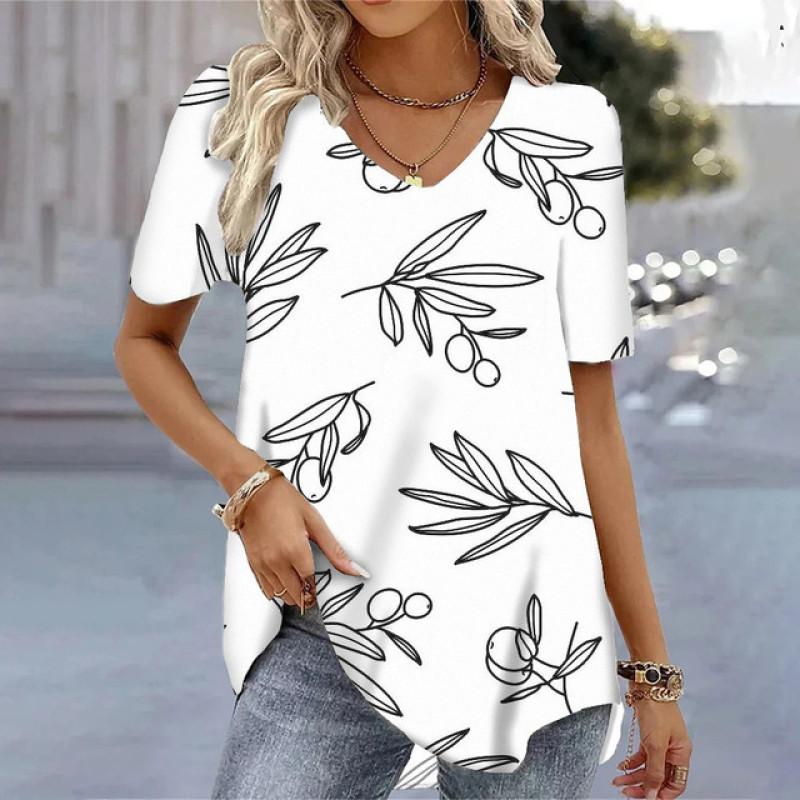 

Футболки с v-образным вырезом, женские летние повседневные футболки с цветочным принтом и коротким рукавом, универсальные блузки Harajuku, топы для женской одежды 2XL