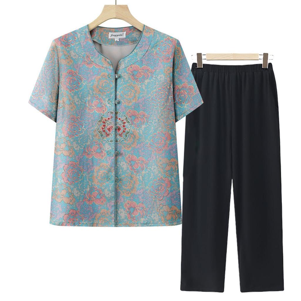 Mom's Chinese Style Summer Top Set: Short-Sleeved Shirt & Two-Piece Outfit for Middle-Aged and Elderly Women